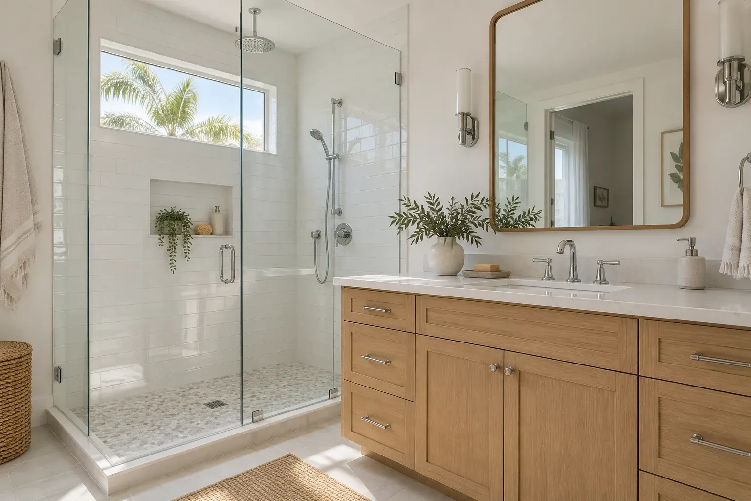 Modern bathroom with wooden vanity, white subway tile shower, and palm tree view through window