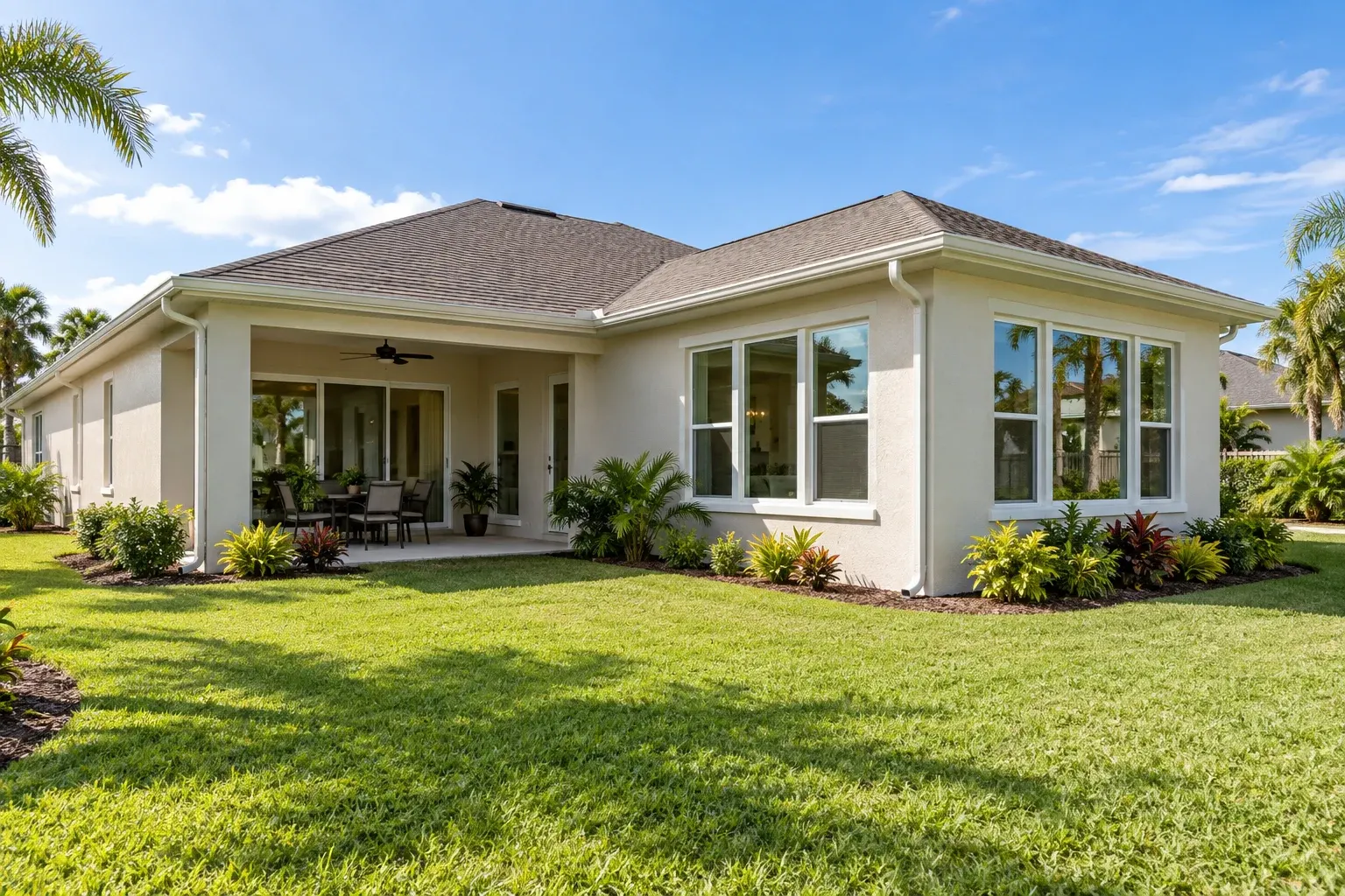 Modern white single-story home with gray roof, covered patio, and tropical landscaping