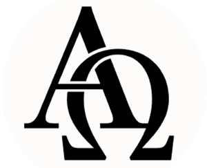 Alpha and Omega symbols combined in black overlapping letters